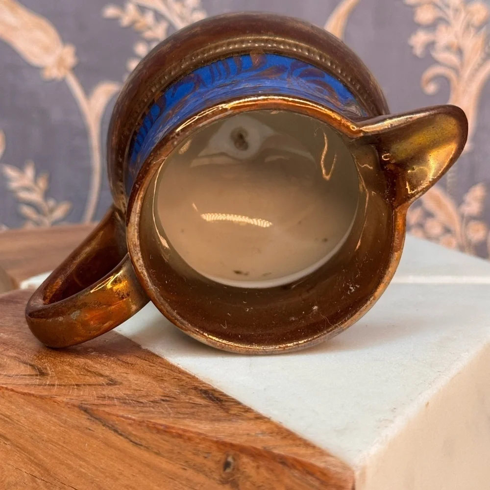Antique 19th C English Copper Luster Blue Floral Band 3 1/4